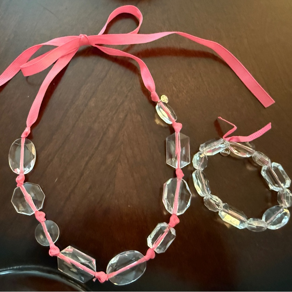 Stella and Dot Pink Ribbon and Clear Bead Girl’s Necklace and Bracelet Set